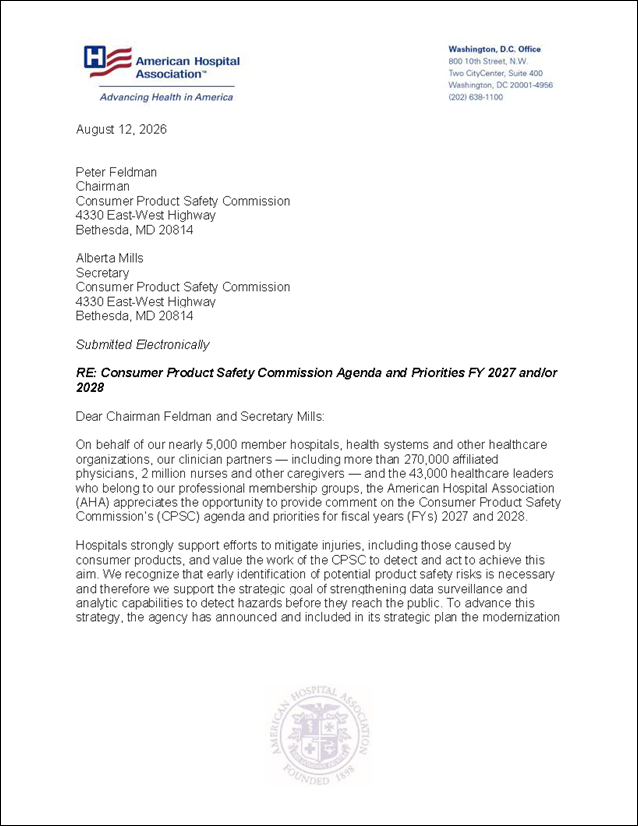 AHA Comment Letter on Consumer Product Safety Commission Agenda and Priorities FY 2027 and/or 2028
