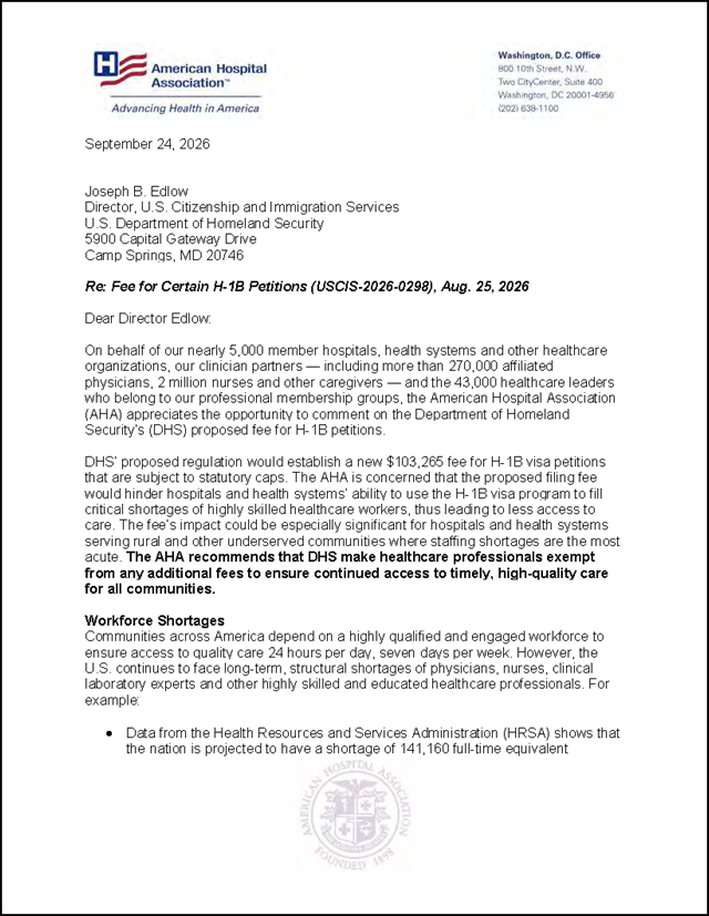 AHA Comments on the Department of Homeland Security’s Proposed fee for H-1B Petitions Cover Page