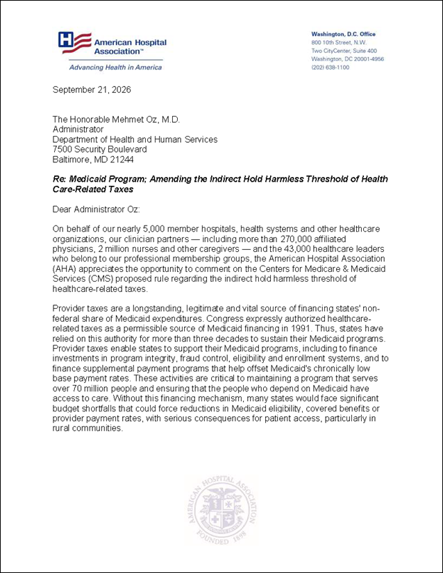 AHA Comments on CMS Medicaid Provider Tax Proposed Rule Cover Page