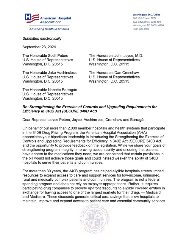 AHA Comments on SECURE 340B Act Cover Page