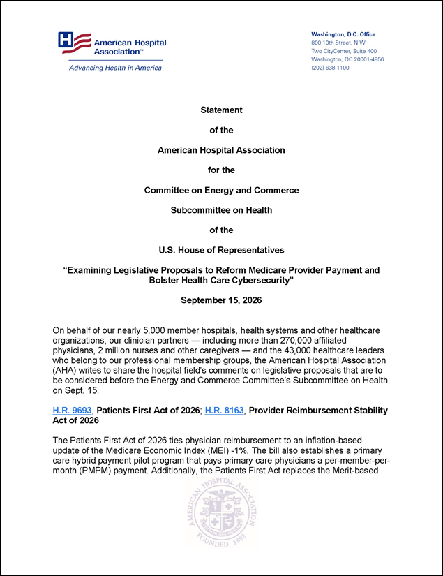 Download the AHA Statement: Examining Legislative Proposals to Reform Medicare Provider Payment and Bolster Health Care Cybersecurity” Cover.