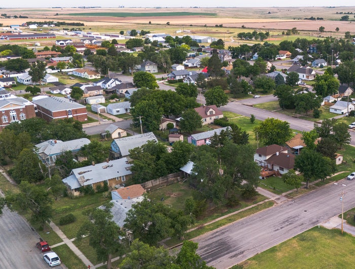 aerial view of a rural residential neighborhood