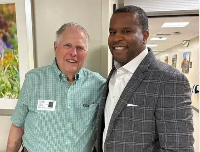 Patient Ken Moritz visits with Dr. Jeremy Rier weeks after his successful procedure. Courtesy of WellSpan.