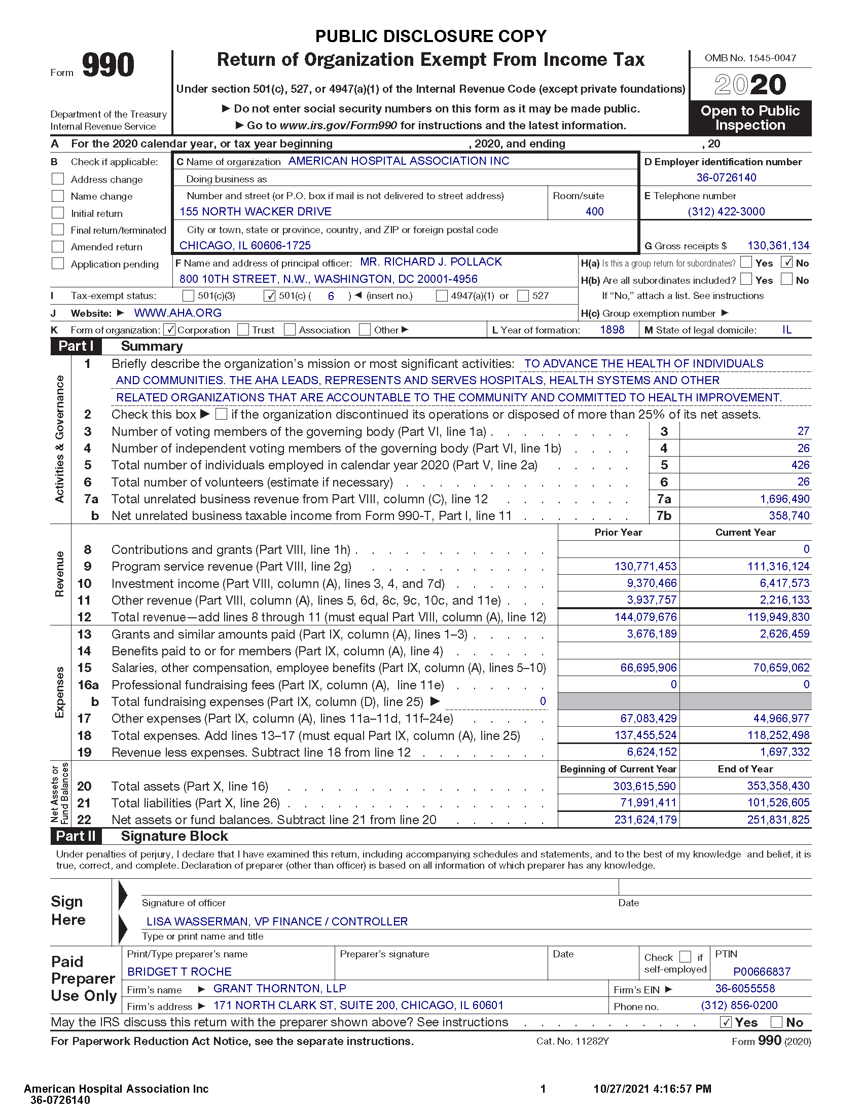 American Hospital Association 2020 IRS Form 990 Page 1