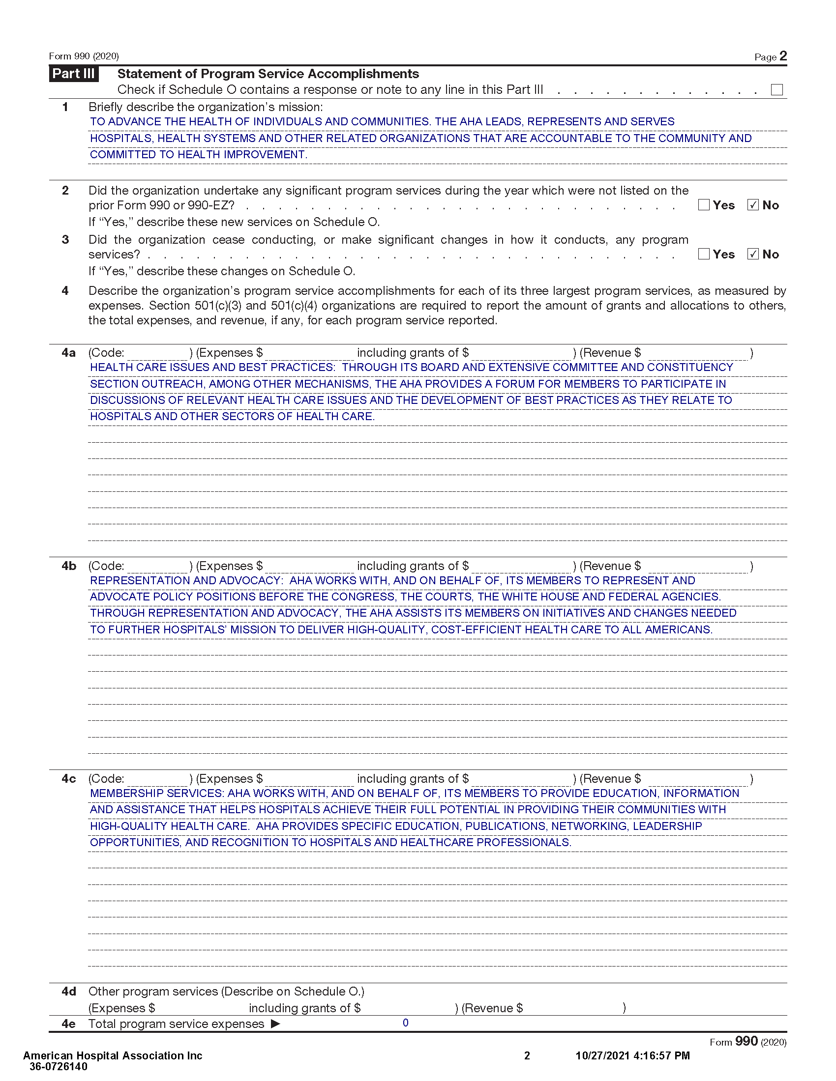 American Hospital Association 2020 IRS Form 990 Page 2