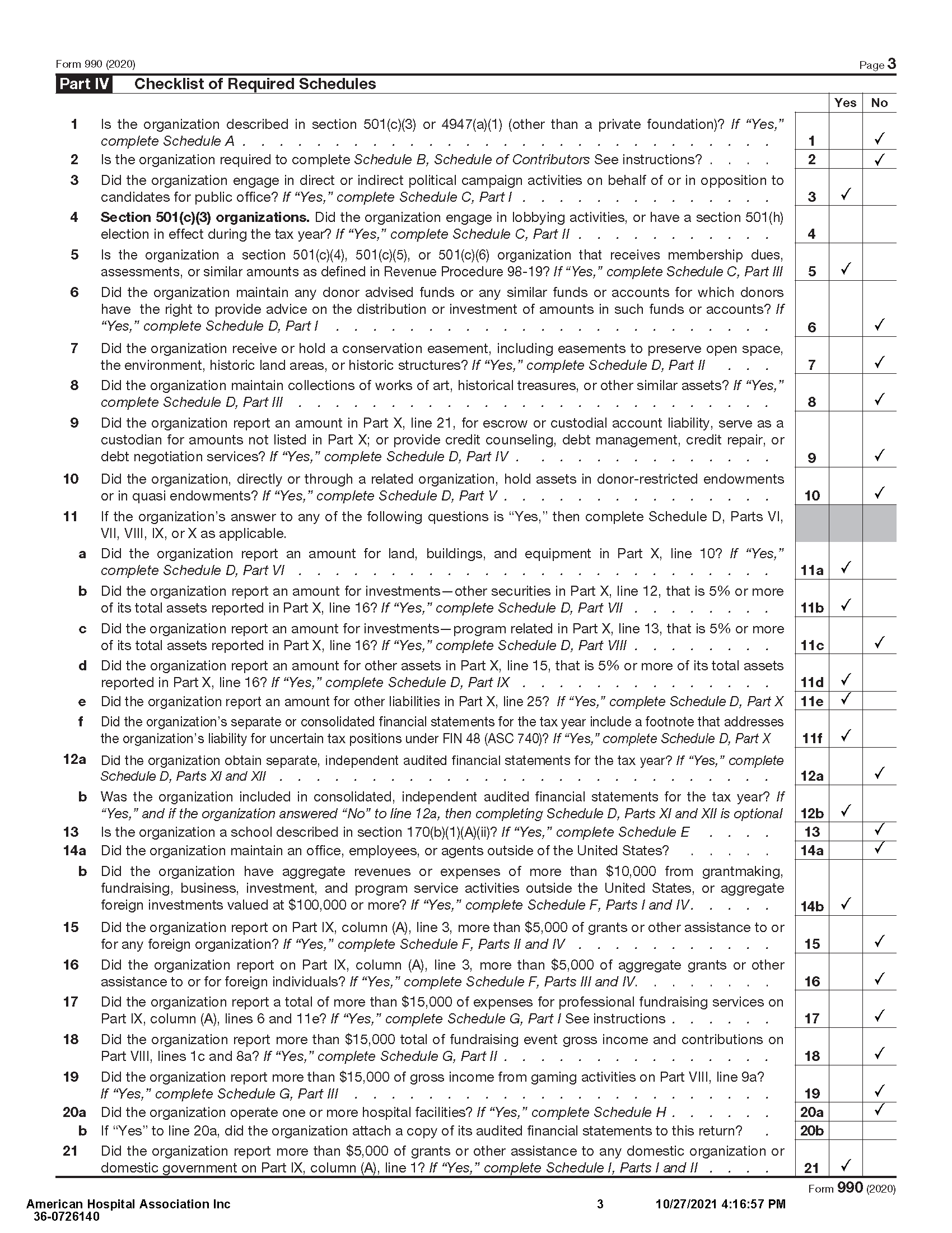 American Hospital Association 2020 IRS Form 990 Page 3