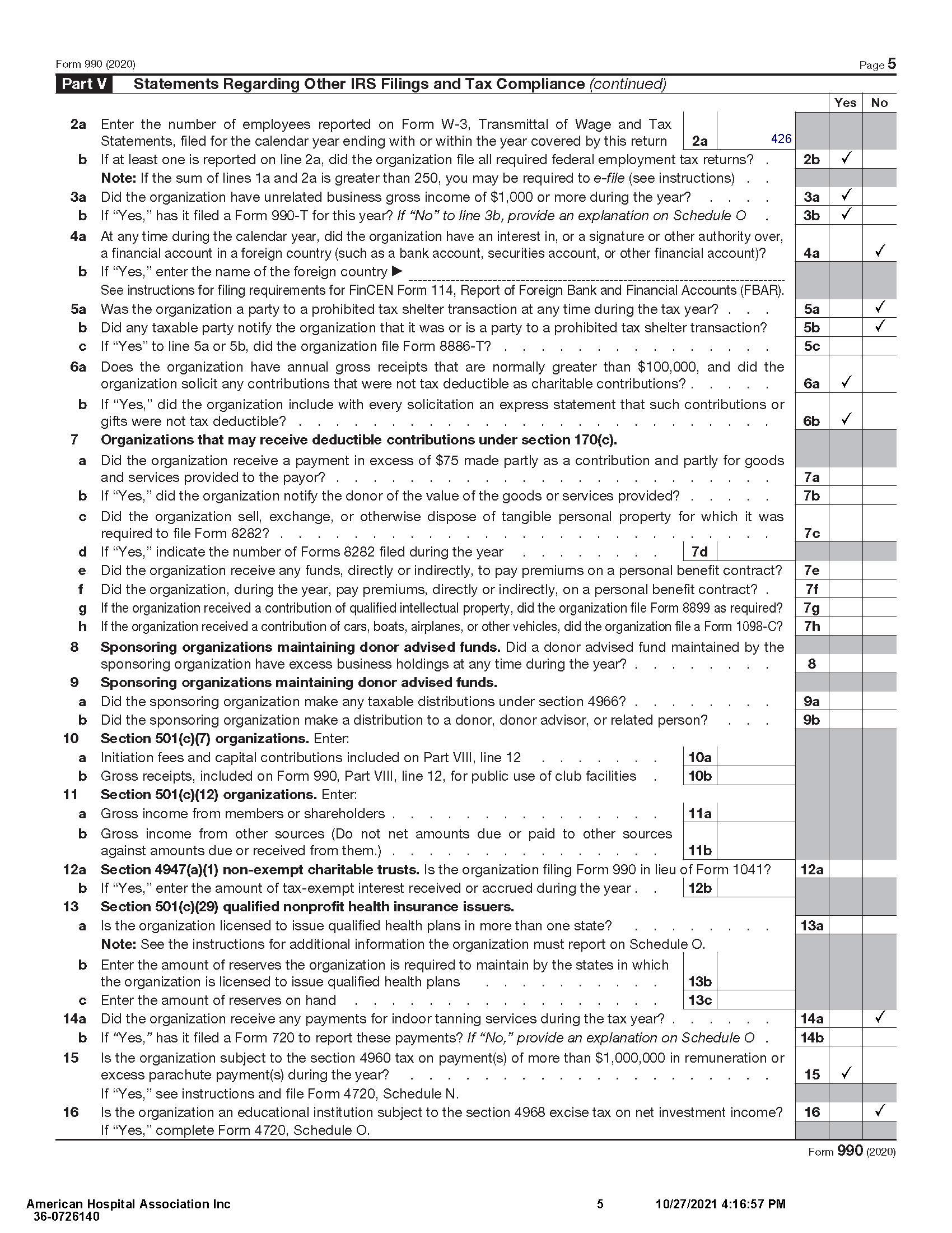 American Hospital Association 2020 IRS Form 990 Page 5