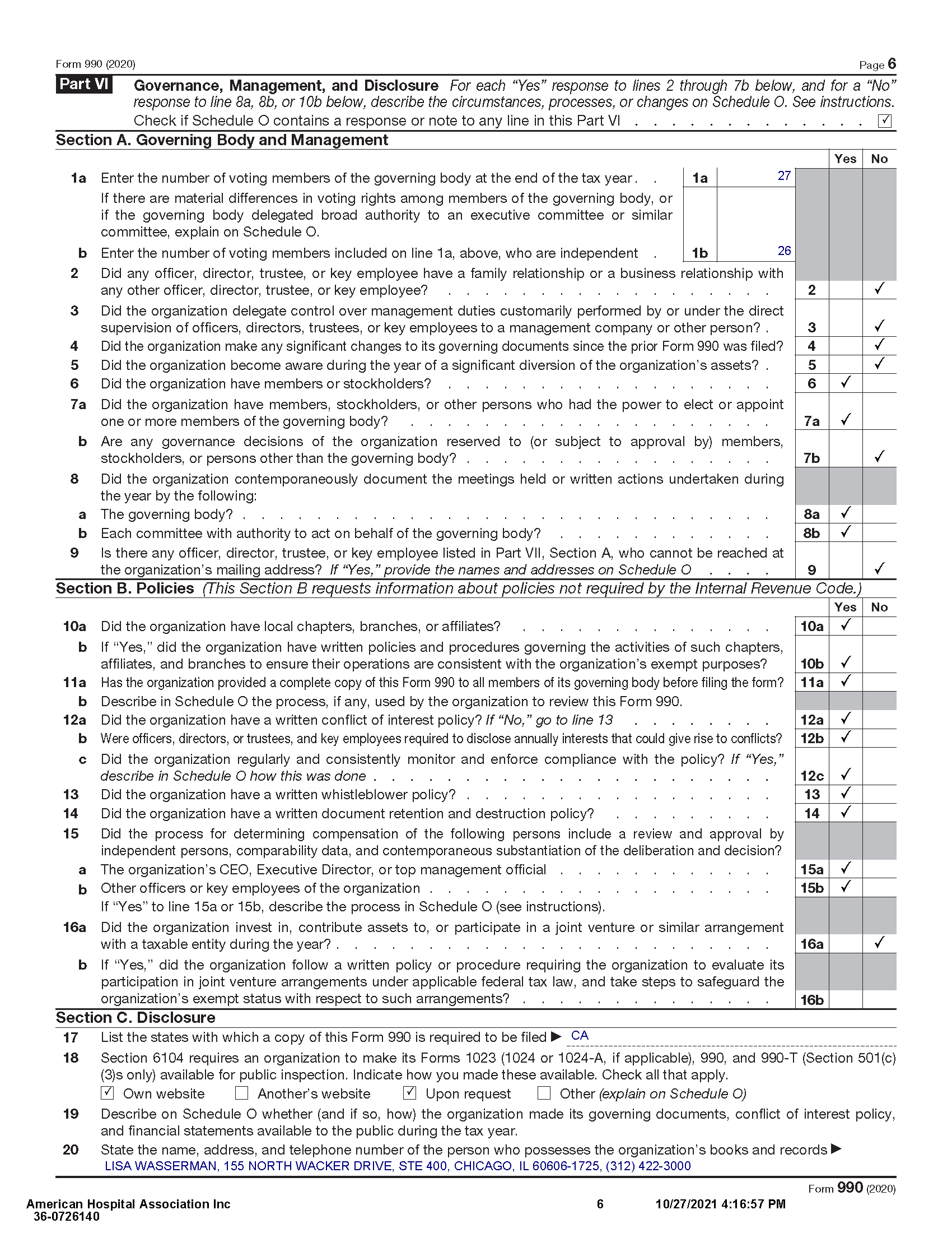 American Hospital Association 2020 IRS Form 990 Page 6
