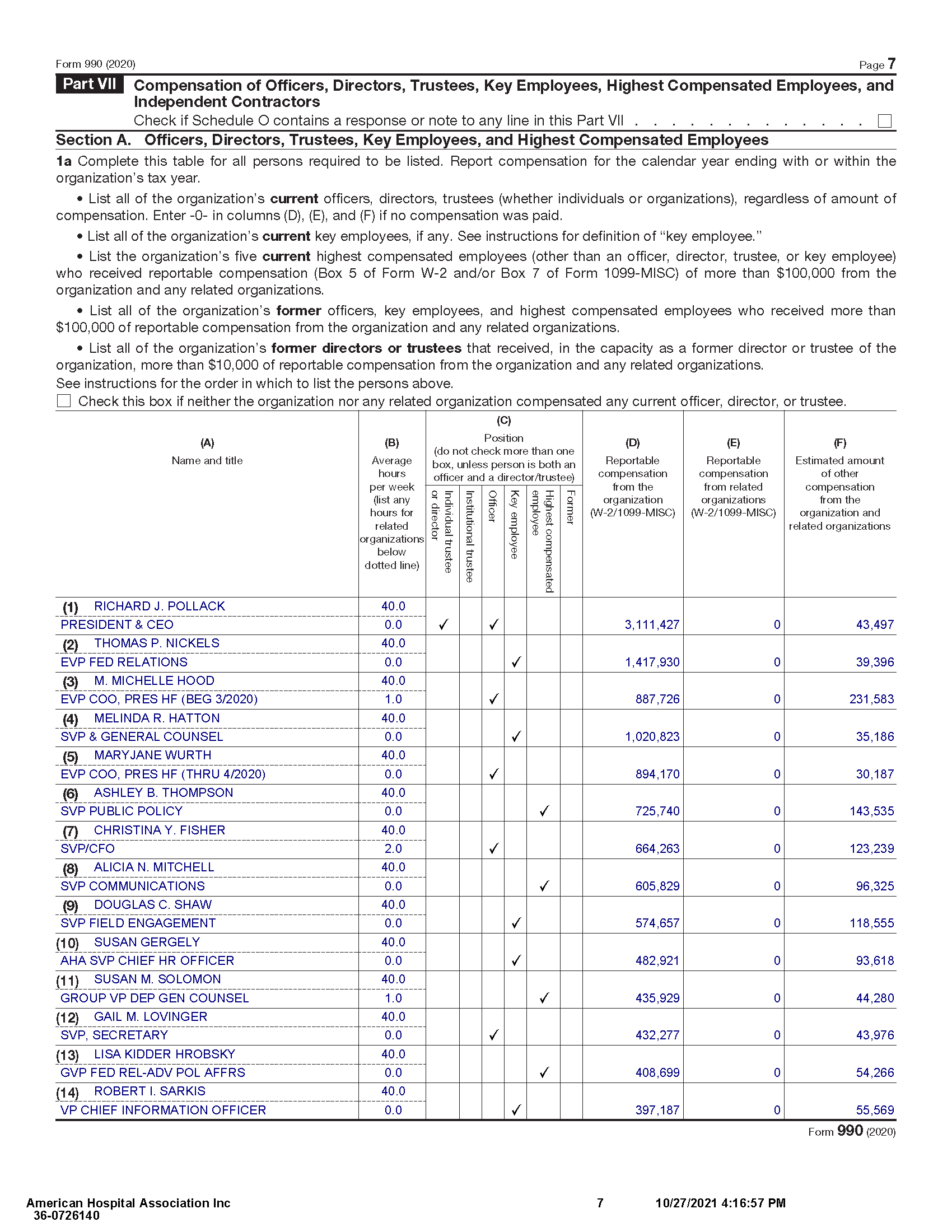 American Hospital Association 2020 IRS Form 990 Page 7