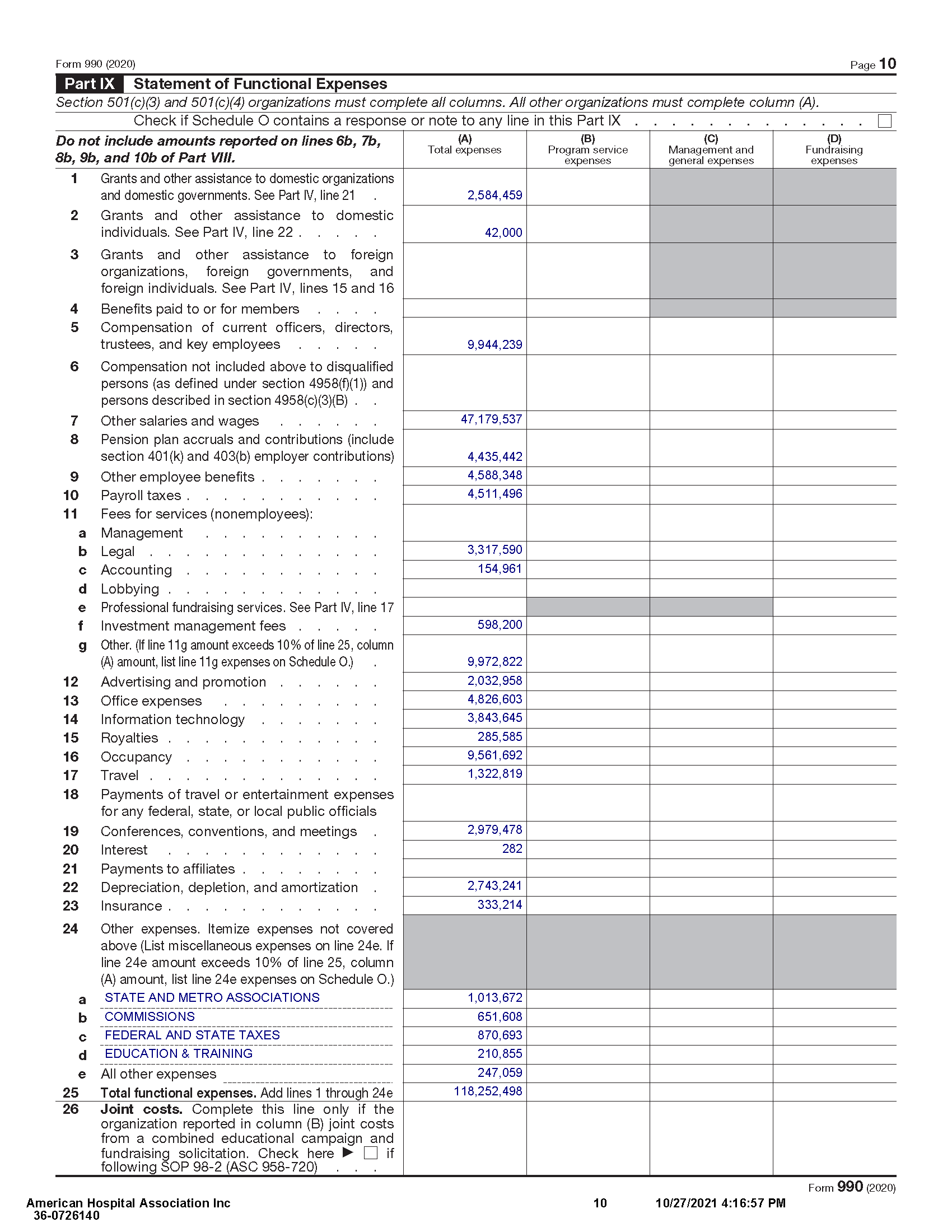 American Hospital Association 2020 IRS Form 990 Page 10