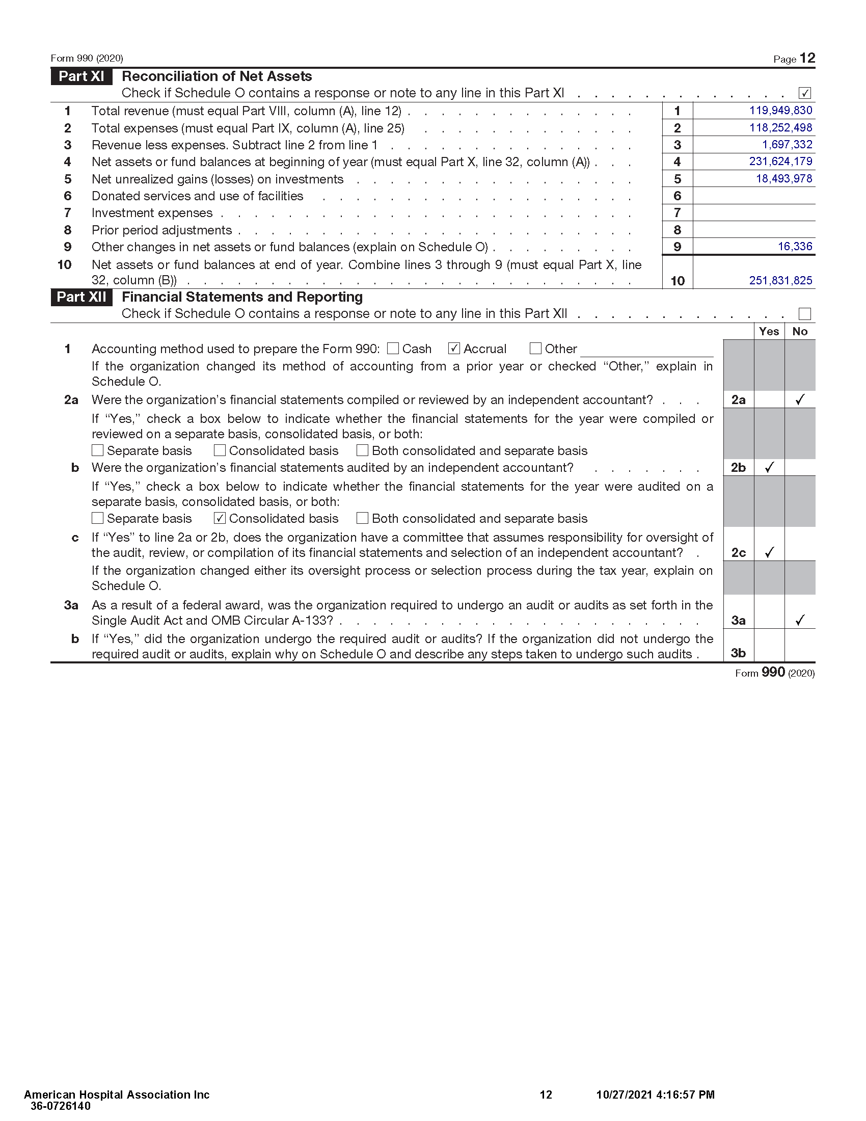 American Hospital Association 2020 IRS Form 990 Page 12