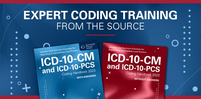 ICD-10-CM and ICD-10-PCS Coding Handbook 2023 banner. Expert coding training from the source.