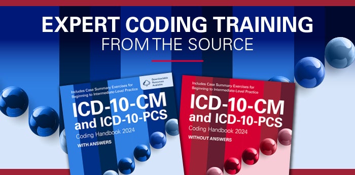 ICD-10-CM and ICD-10-PCS Coding Handbook 2024 banner. Expert coding training from the source.