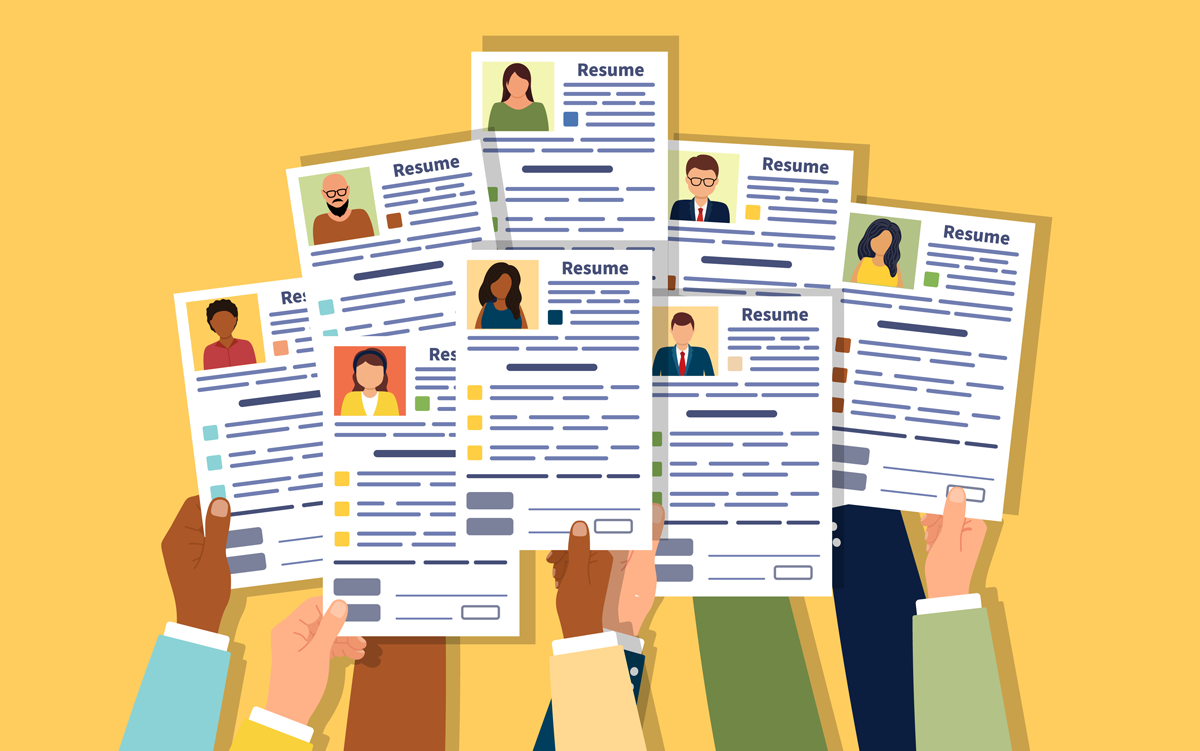 Health Systems Shine as Job Creators. A group of businesspeople hold up resumes in their hands.