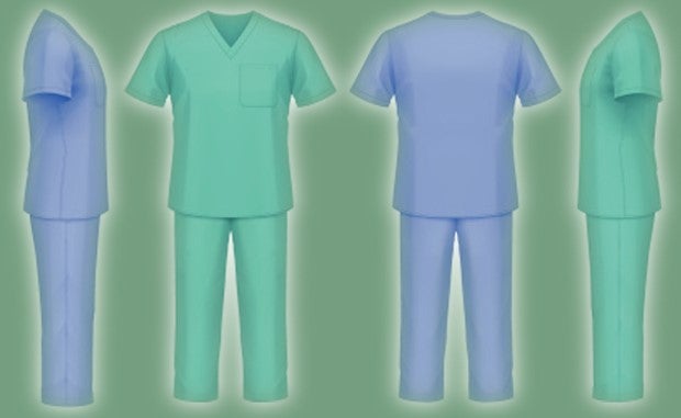 4 Keys to Combat Health Care Workforce Shortages. Empty sets of blue and green scrubs shown in right profile, front, back, and left profile represent open clinical positions at hospitals and health care systems experiencing workforce shortages.