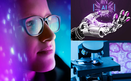 4 Takeaways from the J.P. Morgan Healthcare Conference. A clinician reviewing health data, a robotic hand controlled by AI, a microscope.