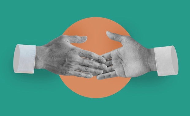 4 Ways Strategic Partnerships Will Transform Care Delivery. Two disembodied hands with shirt cuffs at the wrist reach towards each other to shake.