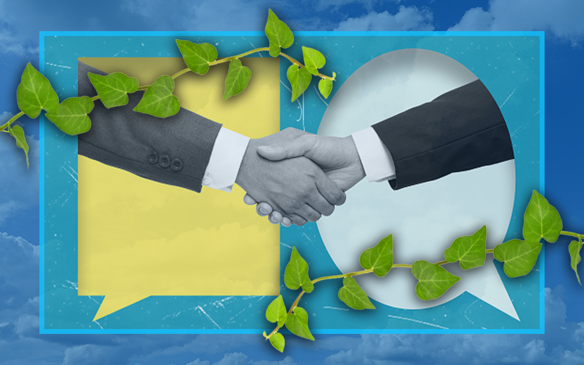4 Ways for the Health Care COO-CEO Partnership to Thrive. The hand of a CEO extends from a speech bubble to shake the hand of a COO extending from a speech bubble. Olive branches frame the image.