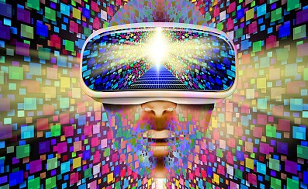 4 Ways to Frame Your Future in the Metaverse. A person wearing goggles surrounded by a sea of screens look at a pathway extending into a bright future.