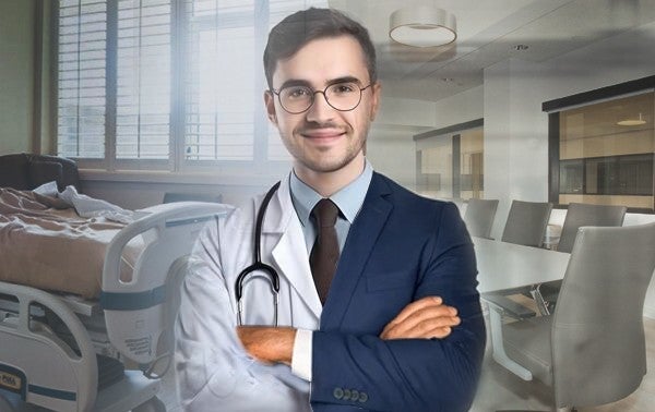 4 Ways to Unlock Physicians’ CEO Potential. A man in a split image with the right side dressed in a physician's lab coat in a patient's hospital room and left side in a CEO's business suit in a board room.