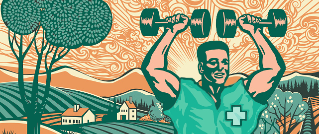 5 Innovations Strengthening the Rural Health Care Workforce. A clinician with a cross on his scrubs top lifts dumbbell weights above his head while standing in a rural scene.