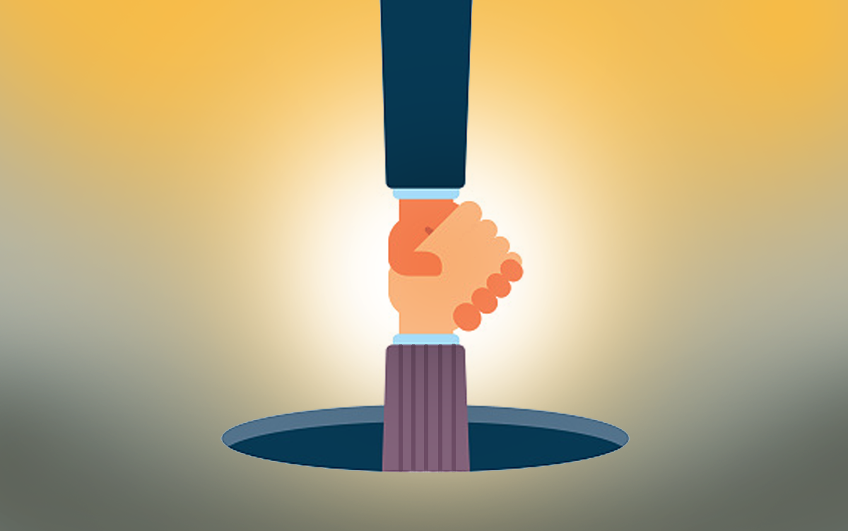 5 Ready-to-Scale Solutions for Improving Care Delivery. One businessman pulls another businessman out of a sewer manhole.
