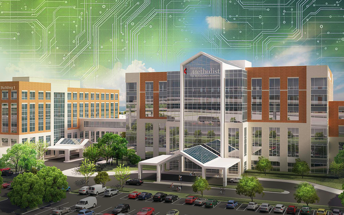 AHA Member Spotlight: Insights from Houston Methodist’s Hospital of the Future. A rendering of Houston Methodist Cypress Hospital, a 100-bed high-tech hospital that incorporates solutions such as remote monitoring and ambient listening to support optimal operations and outcomes.