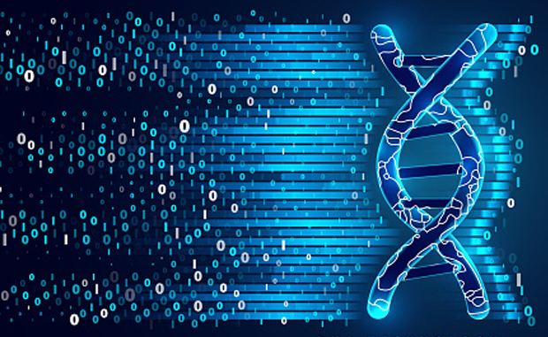 With Its New Genomics Data Services, AWS Hopes to Facilitate Rapid Advances in Precision Medicine. A DNA helix strand on a binary background made up of zeroes and ones.
