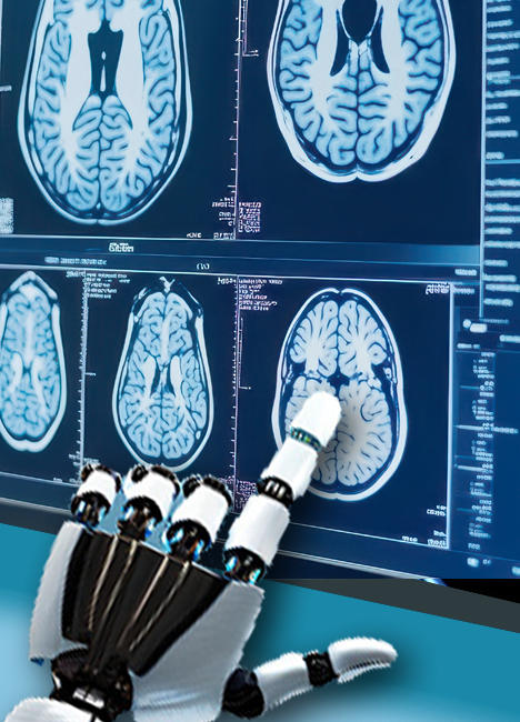 Accelerating Diagnosis and Decision-Making in Radiology. A robotic hand identifying irregularities in a brain scan.