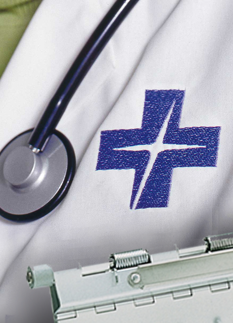 Advocate Health labcoat with stethoscope and health record clipboard.