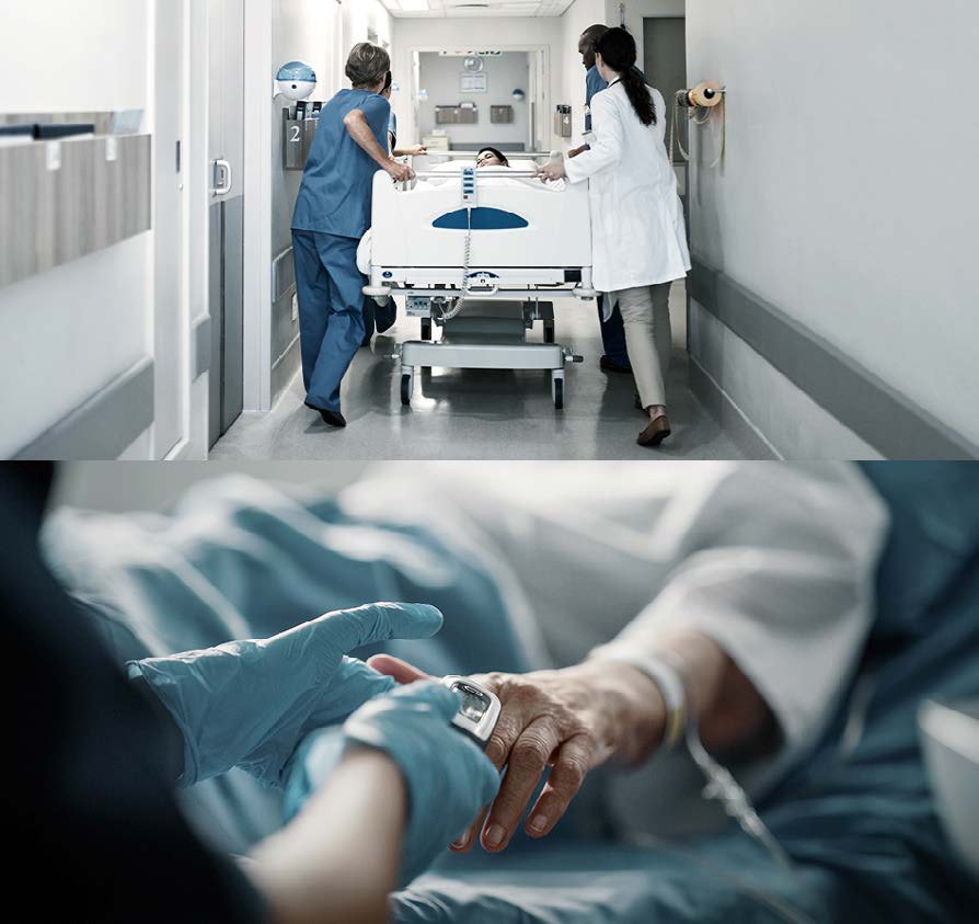 Clinicians move a patient in a hospital bed down a hospital hallway. A clinician holds an elderly patient's hand while taking a vitals reading.