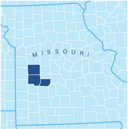 Map of Missouri counties that Golden Valley Memorial Healthcare serves.