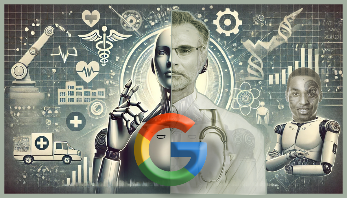Google, Health Systems Collaborate on Evidence-Based AI. A pastiche of medical images combining human with AI robots and a large Google letter G in the middle.