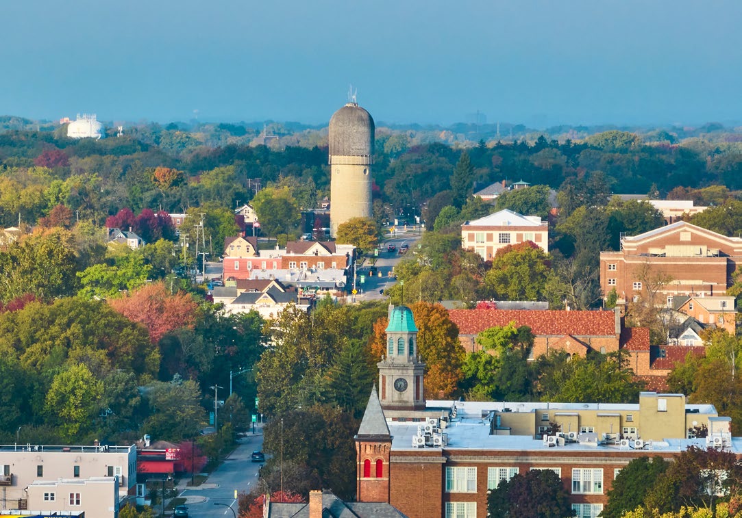 An aerial photograph of the historic Ypsilanti Water Tower in Ypsilanti, Michigan.