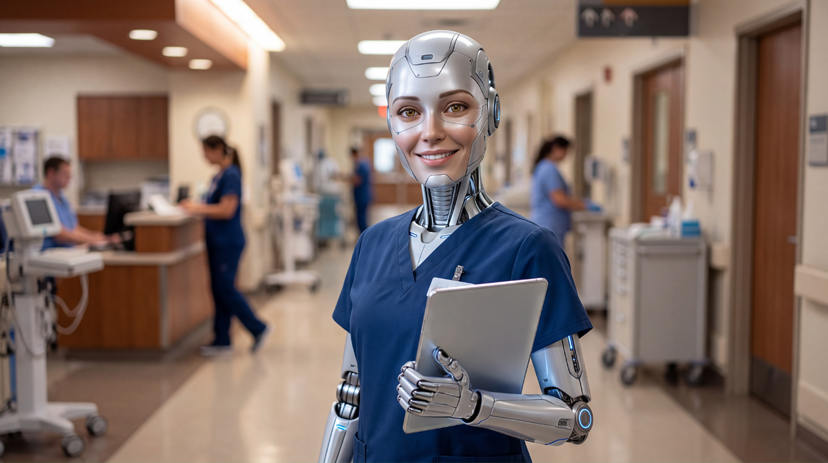 AHA Market Scan How Nurses Are Using AI: The Data at a Glance. A robotic AI-powered nurse holding a clipboard stands in a hospital hallway.