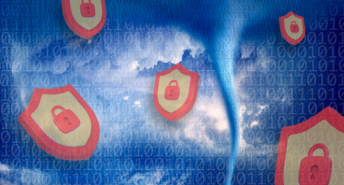 How to Navigate the Health Care Cybersecurity Storm. Cybersecurity shields with locks on them and flying through the air as a tornado of cyberattacks approaches.
