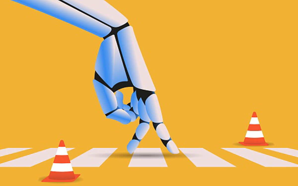 How to Safely Use AI for Diagnosis: 14 Recommendations from ECRI. The fingers of a robotic hand walk across a crosswalk that runs between two traffic cones.