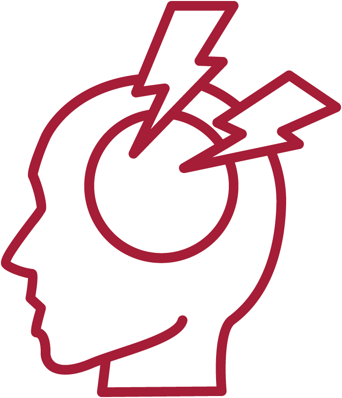 Clinician Burnout Due to Administrative Requirements icon. A human head with a circle where the brain is with electric bolts shooting into it.