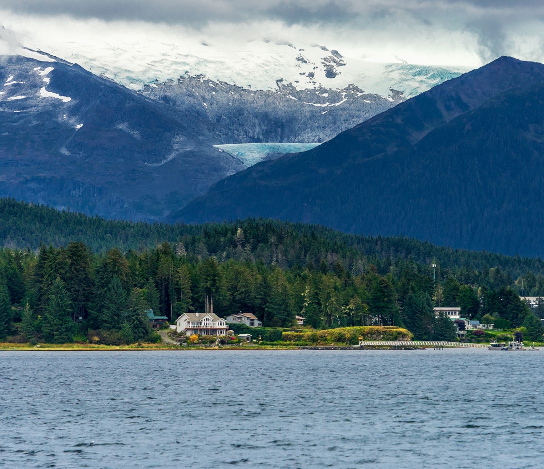 Houses on the shore of Juneau, Alaska.