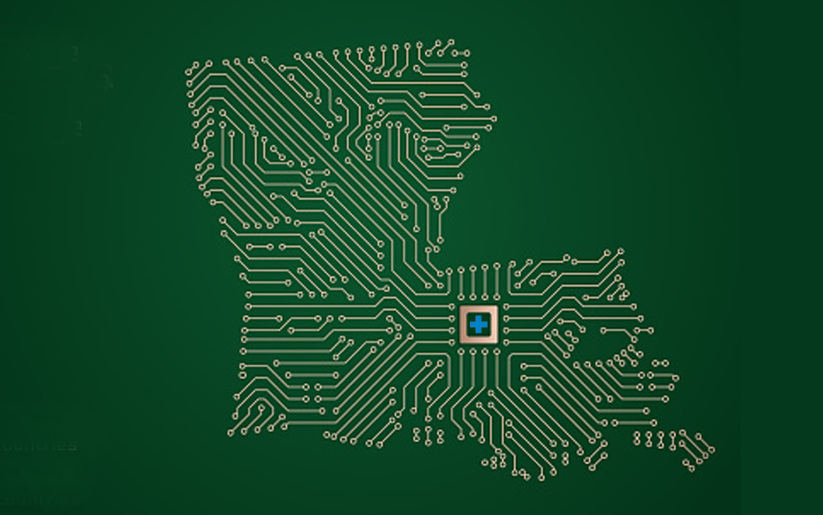 Louisiana Invests in Rural Health Tech Startups to Improve Outcomes. The state of Louisiana appearing as a motherboard with the traces creating the state and the CPU appearing with a blue hospital cross on it at the location of the city of Baton Rouge.