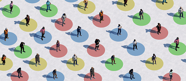 New Research Report Identifies Ways to Drive More Equitable Care. A diversity group of people shown from above with each standing on a different colored dot if a grid.