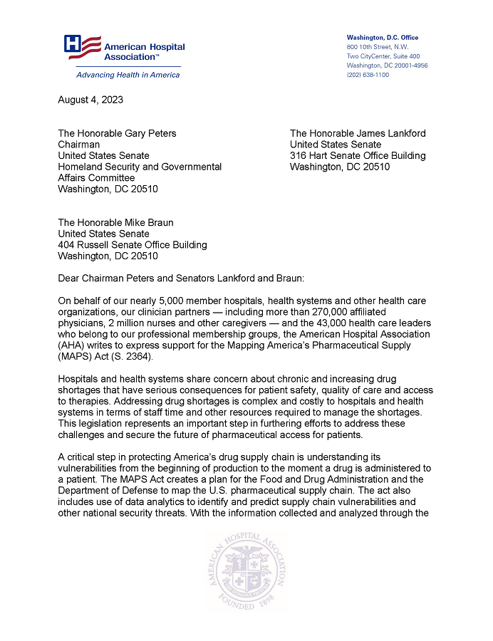 AHA Letter of Support for the Mapping America's Pharmaceutical Supply Chain, or MAPS, Act of 2023 page 1.