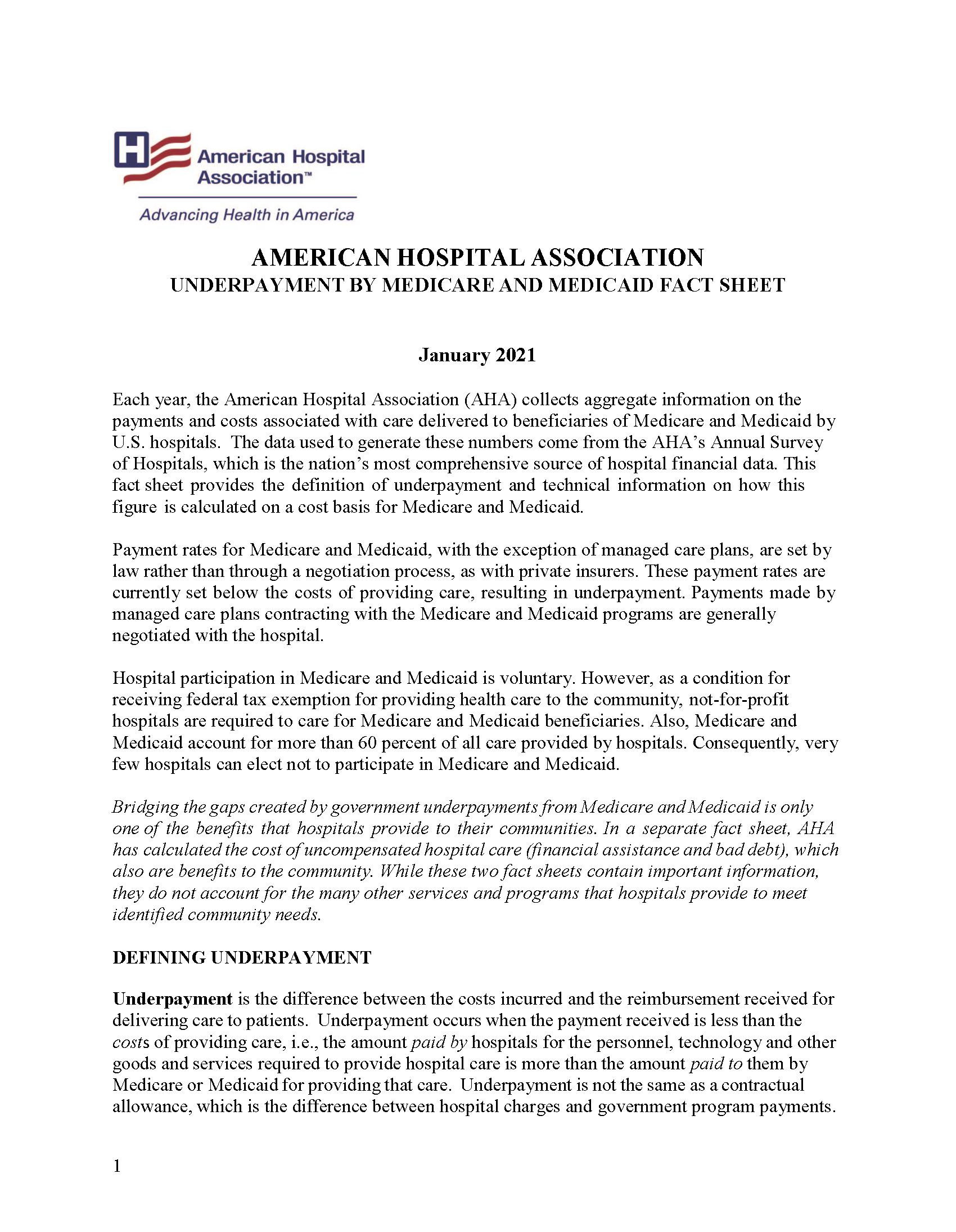 Underpayment by Medicare and Medicaid Fact Sheet page 1.