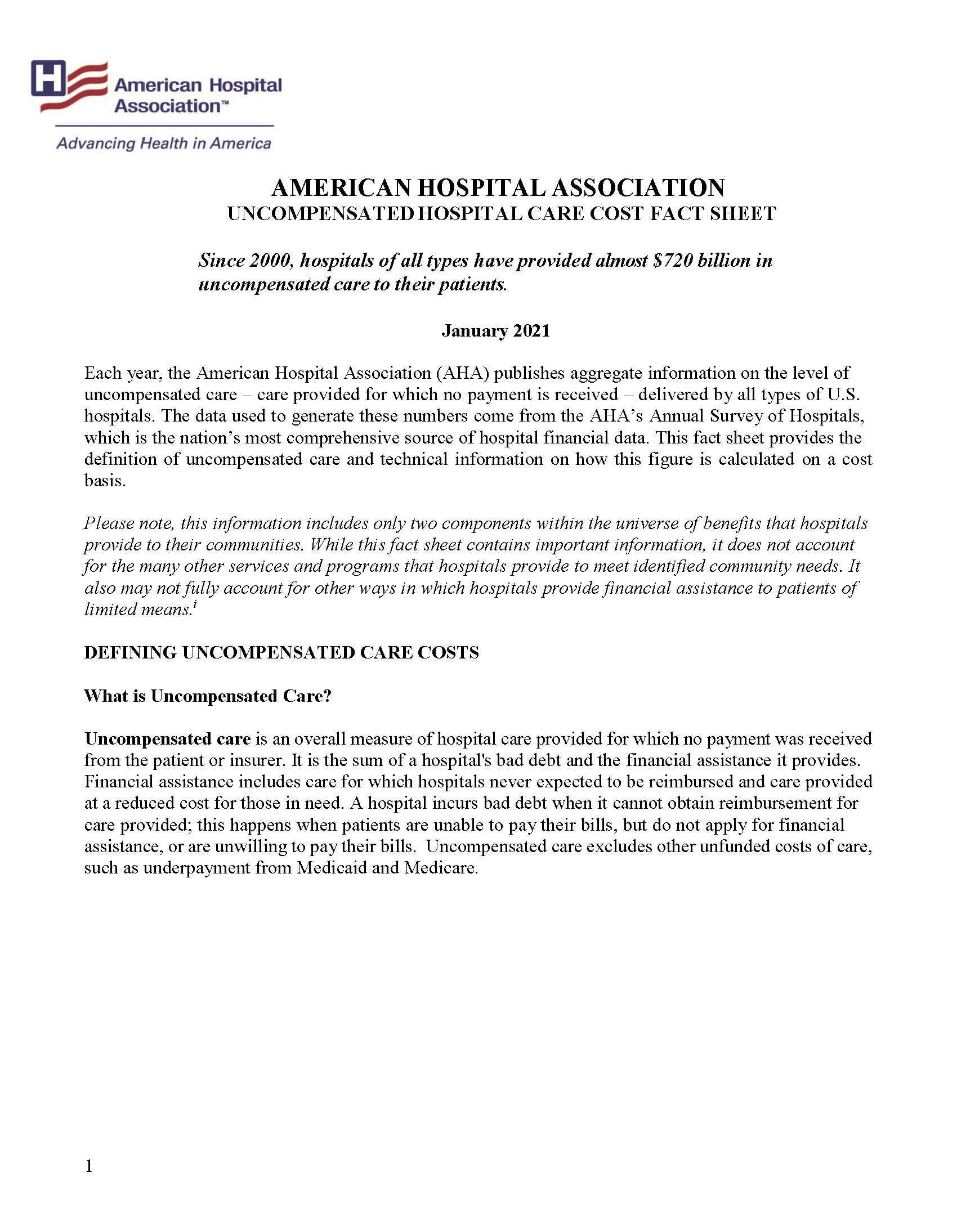 Fact Sheet: Uncompensated Hospital Care Cost page 1