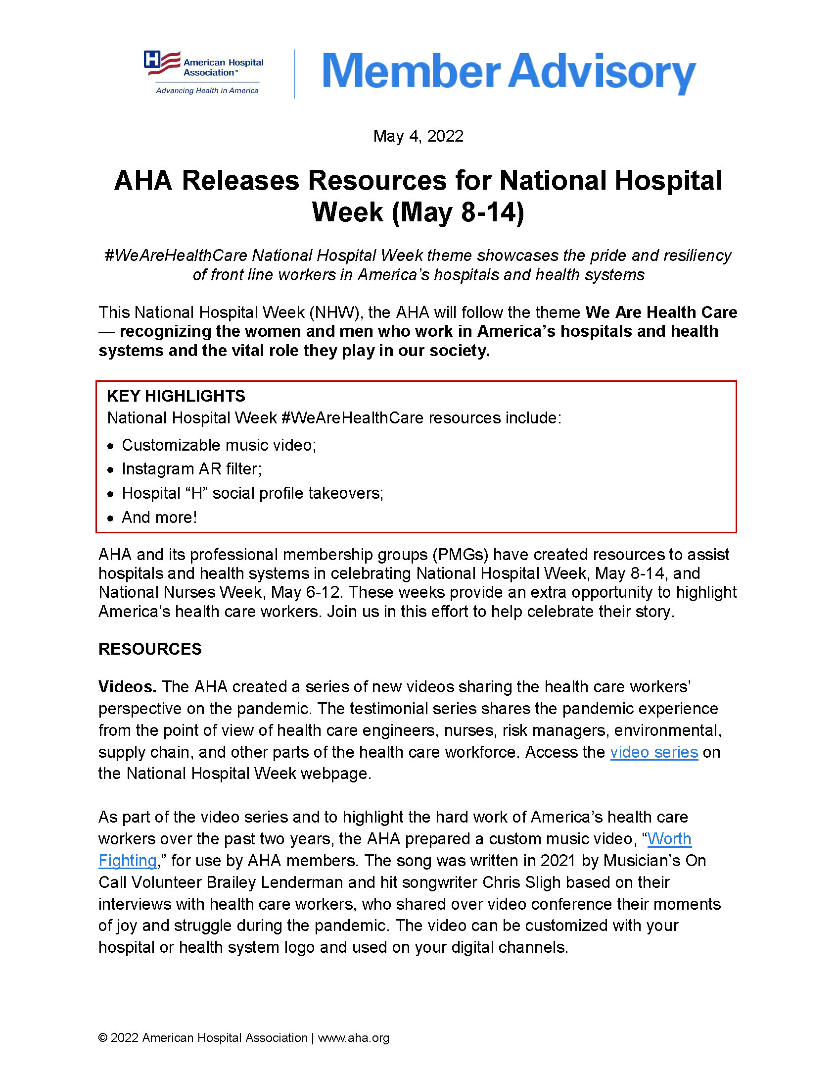 Member Advisory: AHA Releases National Hospital Week Resources PDF page 1.
