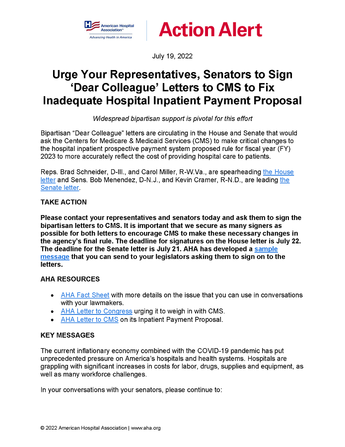 Action Alert: Urge Your Representatives, Senators to Sign ‘Dear Colleague’ Letters to CMS to Fix Inadequate Hospital Inpatient Payment Proposal page 1.