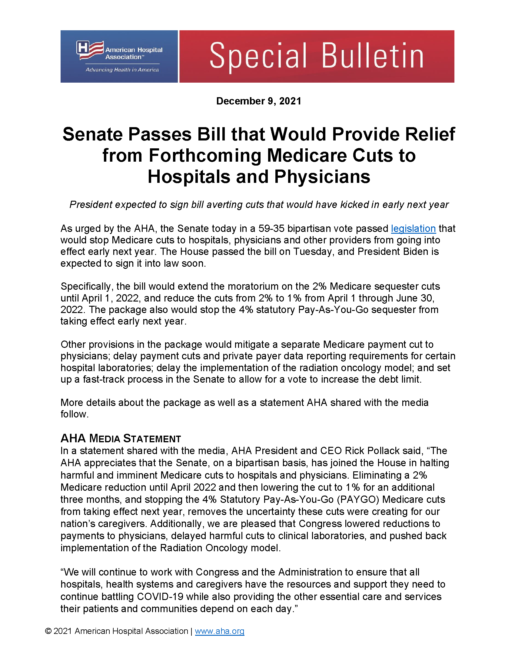 Senate Passes Bill that Would Provide Relief from Forthcoming Medicare Cuts to Hospitals and Physicians page 1.