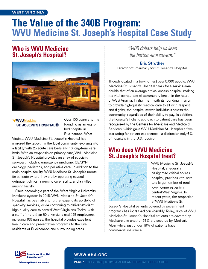 The Value of the 340B Program: WVU Medicine St. Joseph’s Hospital Case Study page 1.