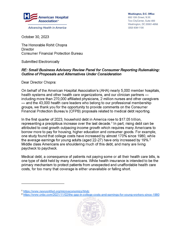 AHA Letter to the Consumer Financial Protection Bureau on Consumer Reporting Rulemaking and Medical Debt page 1.