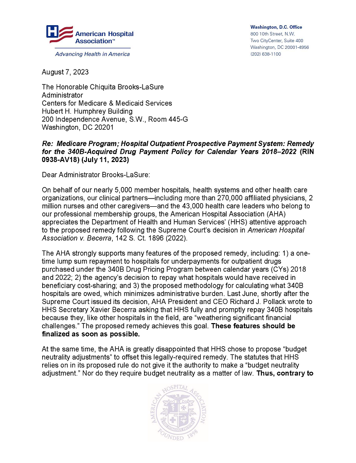 AHA Letter to CMS on Remedy for the 340B-Acquired Drug Payment Policy for Calendar Years 2018–2022 page 1.